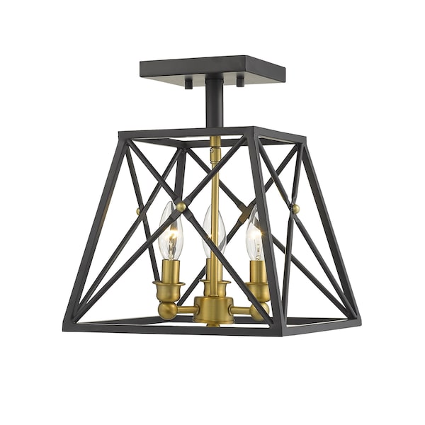 Z-Lite Trestle 3 Light Semi Flush Mount, Matte Black & Olde Brass 447SF-MB-OBR - main